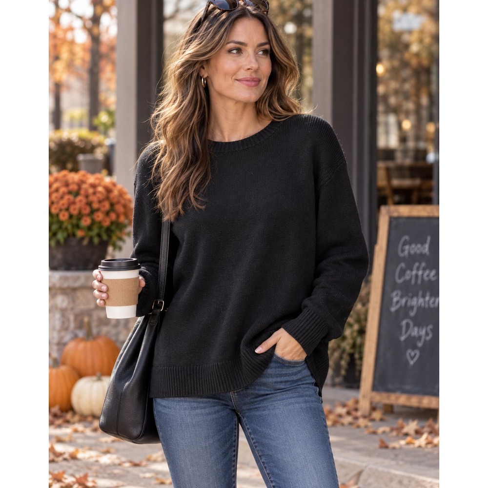 Ella Moss Women XXL Black Crew Neck Long Sleeve Knit Sweater Ribbed Pullover